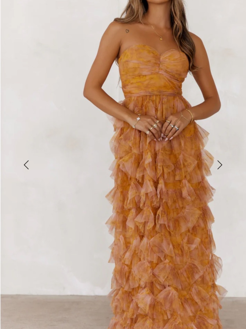 Hello Molly Strapless Ruffle Tulle Maxi Dress - Mustard Orange